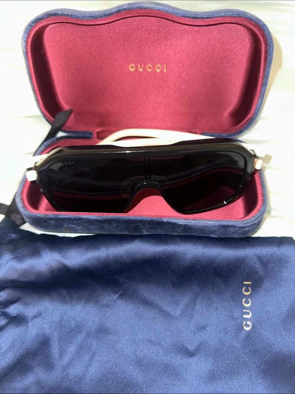 Gucci Black Shield Sunglasses with White Accents